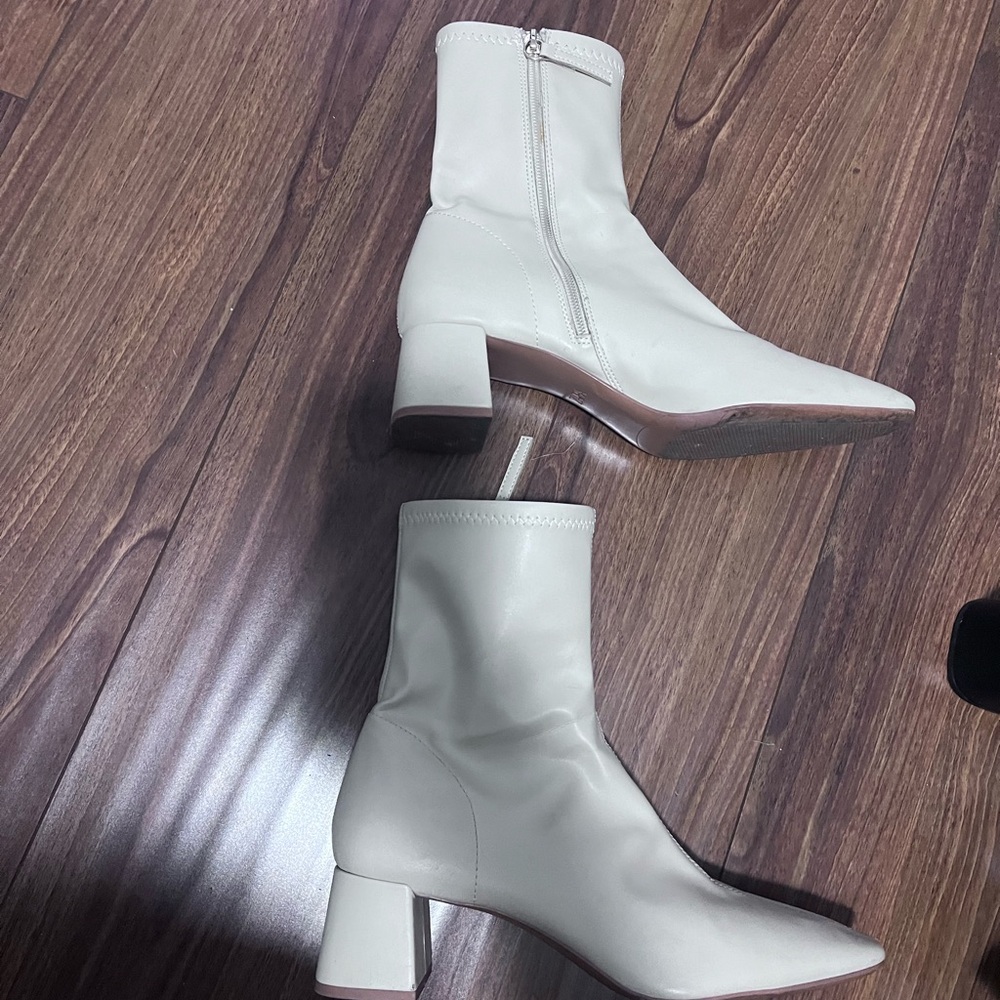 Zara Cream Pointed Toe Mid-Calf Block Heel Ankle Boots